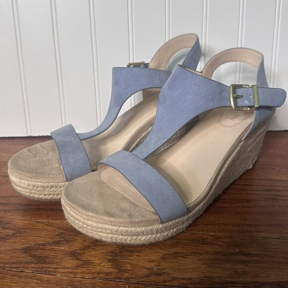 Kenneth Cole T-Strap Sandal Wedges 9.5 Lt Blue Summer Shoes Heels Bohemian - Picture 1 of 7
